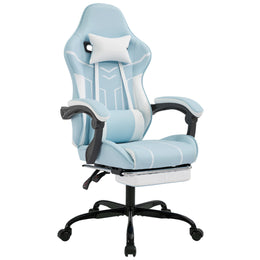 Ergonomic Gaming Chair With Footrest and Lumbar Backrest - Blue/white