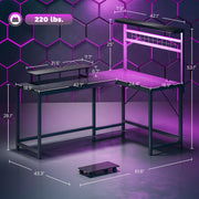 L Shaped Gaming Desk With Power Outlets & LED Lights