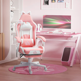 Kawaii Racer Elite -- Pink Gaming Chair with Footrest, Cat-Ear Headrest & Lumbar Support