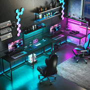 L Shaped Gaming Desk With Power Outlets & LED Lights